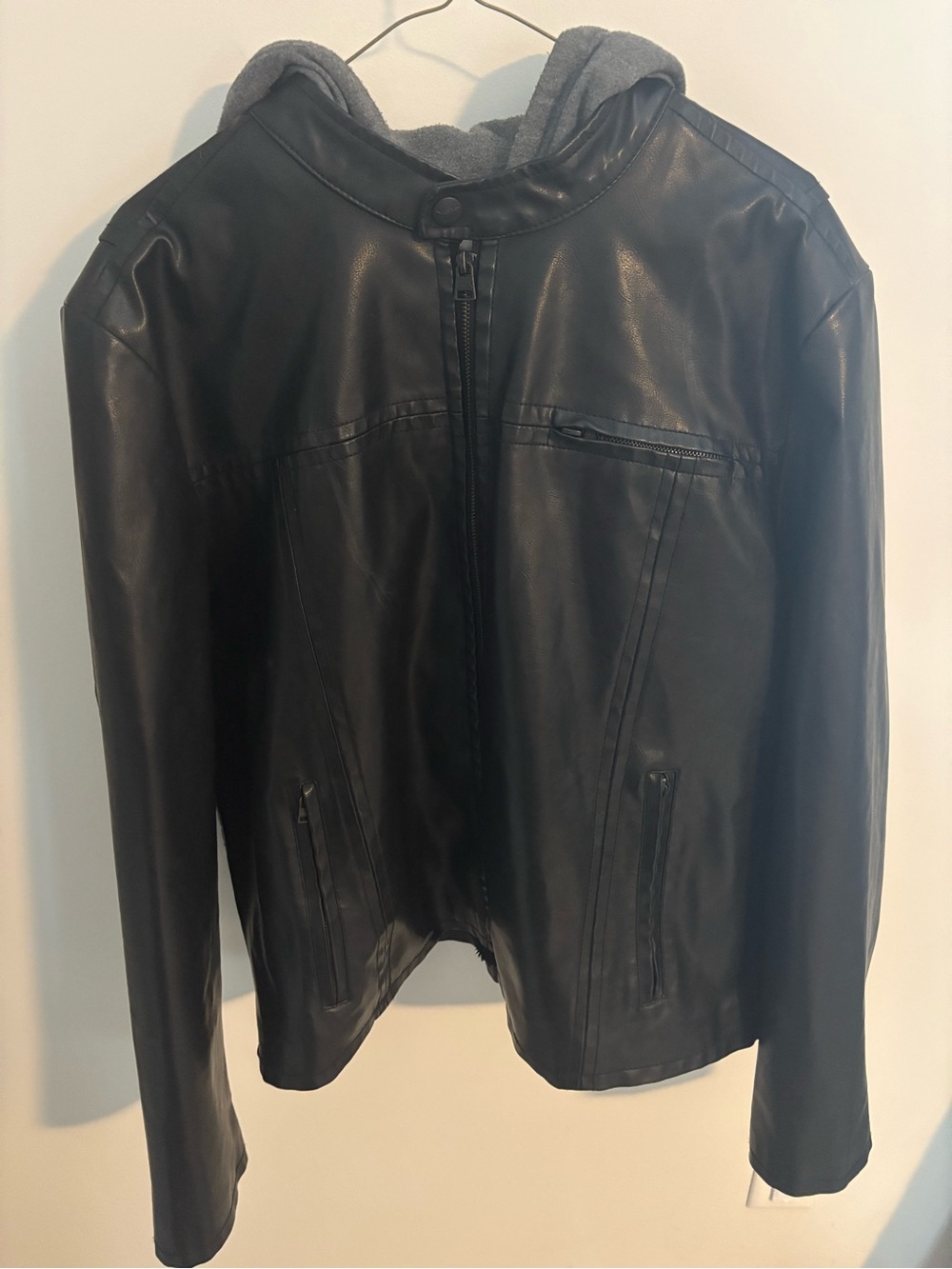 Mens Black Faux Leather Zip Jacket with Hood